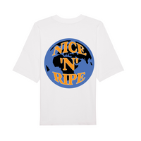 Nice ’N’ Ripe white tee blue orange design