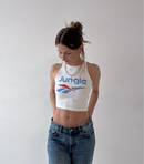 Printed jungle sports design close-up on crop top