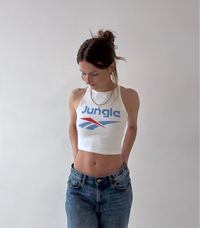 Printed jungle sports design close-up on crop top