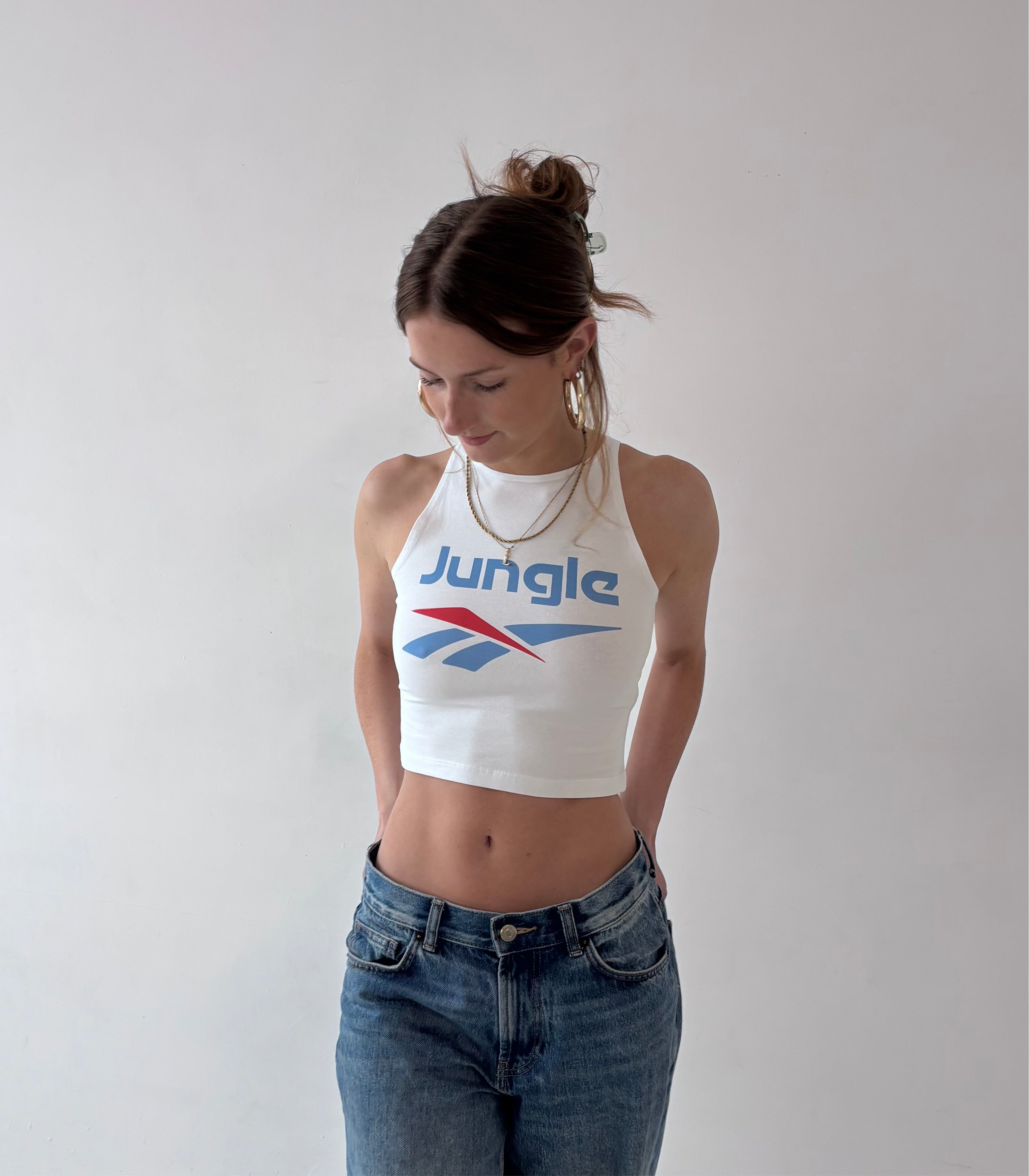 Printed jungle sports design close-up on crop top