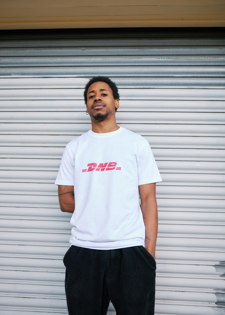 White delivery-style DnB tee