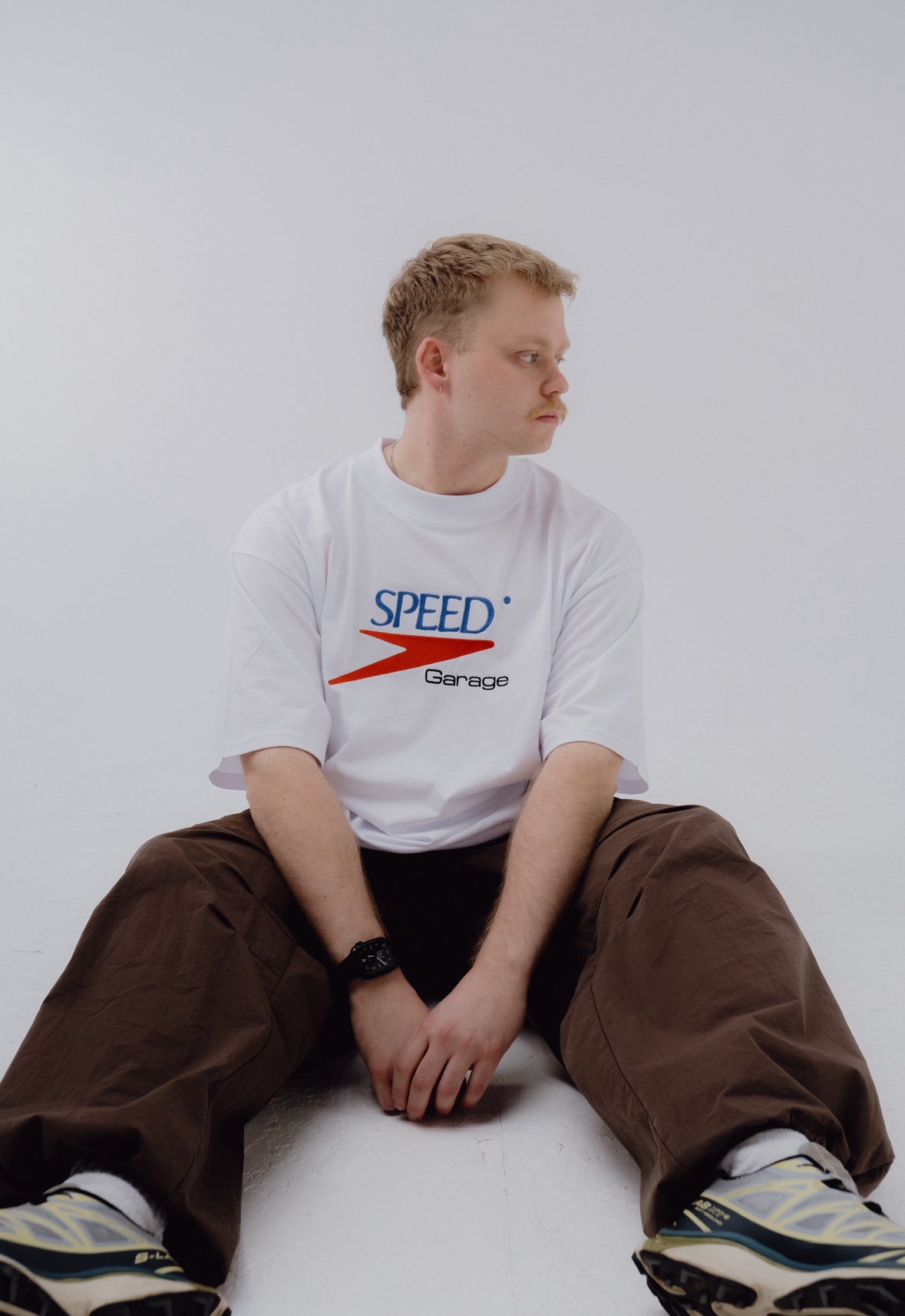 White embroidered garage tee